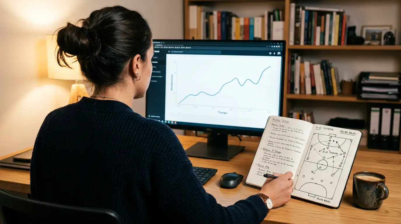 Profesional analizando estadisticas de futbol sala con graficos y datos en un escritorio