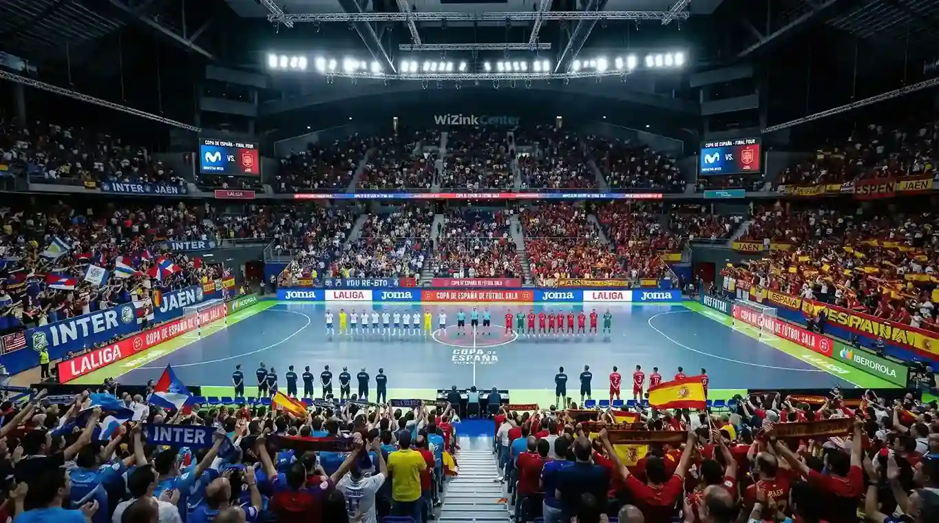 Pabellón de fútbol sala con gradas llenas durante una final de Copa de España