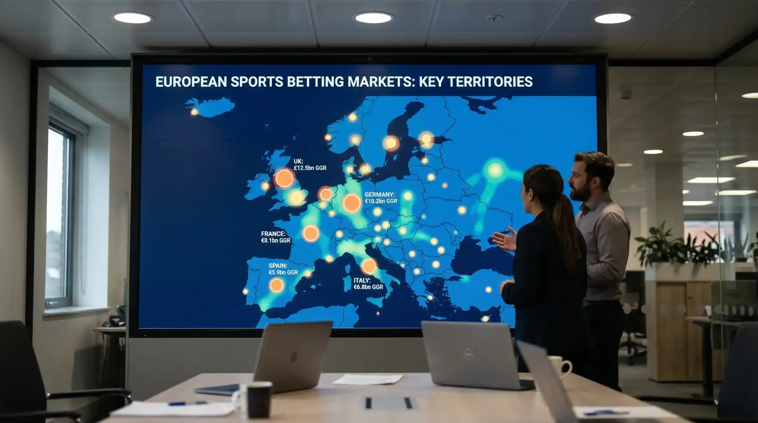 Mapa de Europa con iconos de apuestas deportivas online en los principales mercados