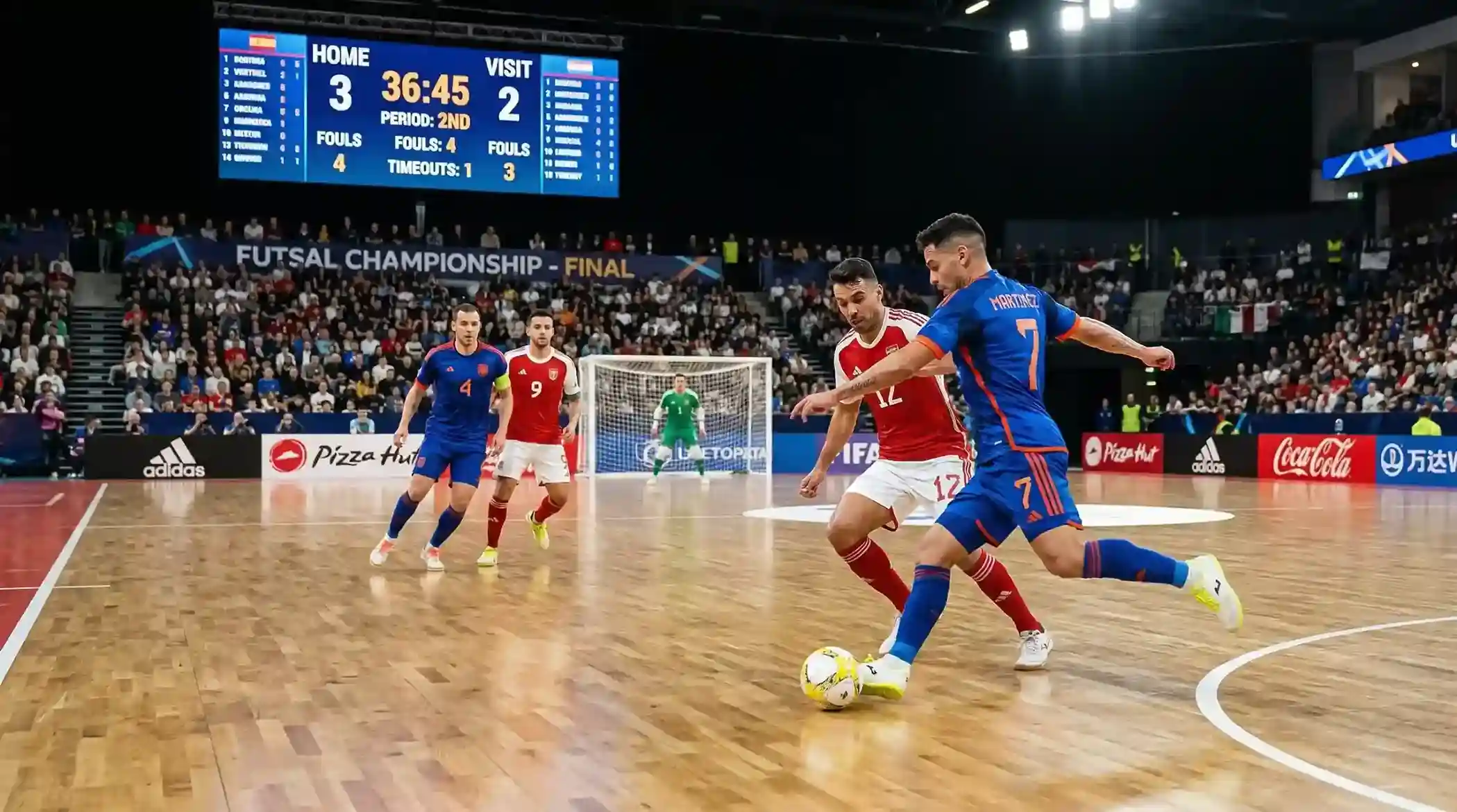 Partido de fútbol sala en directo con marcador electrónico visible en un pabellón