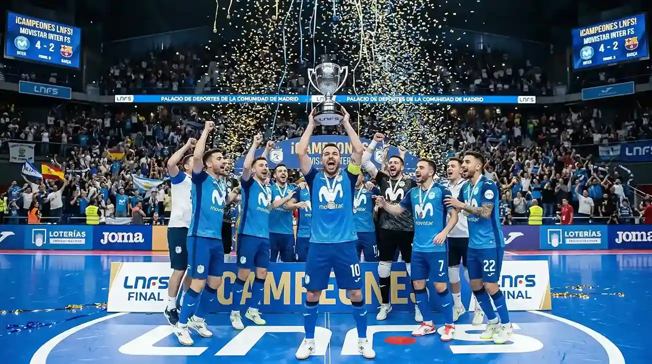 Equipo de fútbol sala levantando un trofeo de campeón de la LNFS