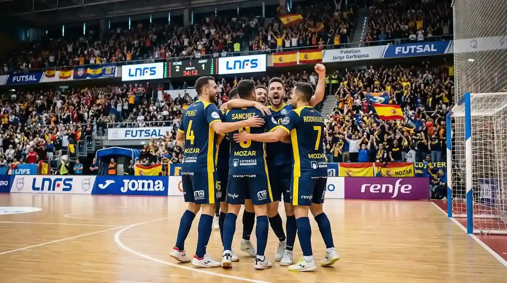 Jugadores de Movistar Inter celebrando un gol en un partido de la LNFS