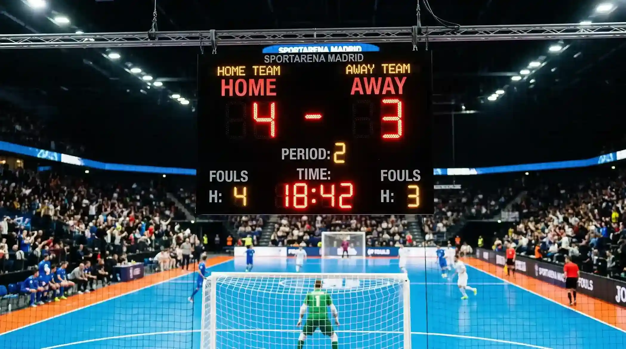 Marcador electrónico de fútbol sala mostrando un resultado de 4-3