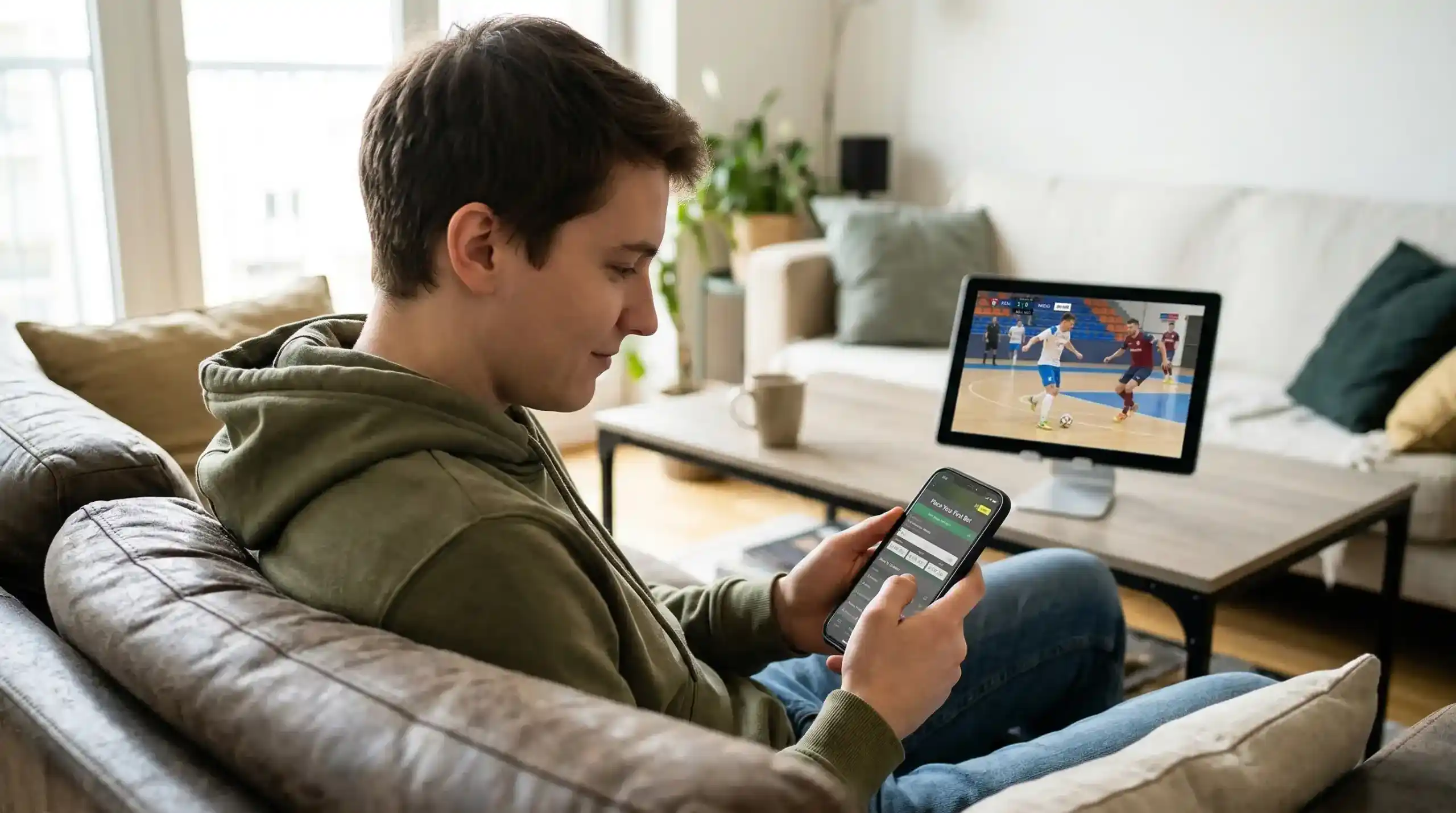 Persona haciendo su primera apuesta de fútbol sala en un teléfono móvil