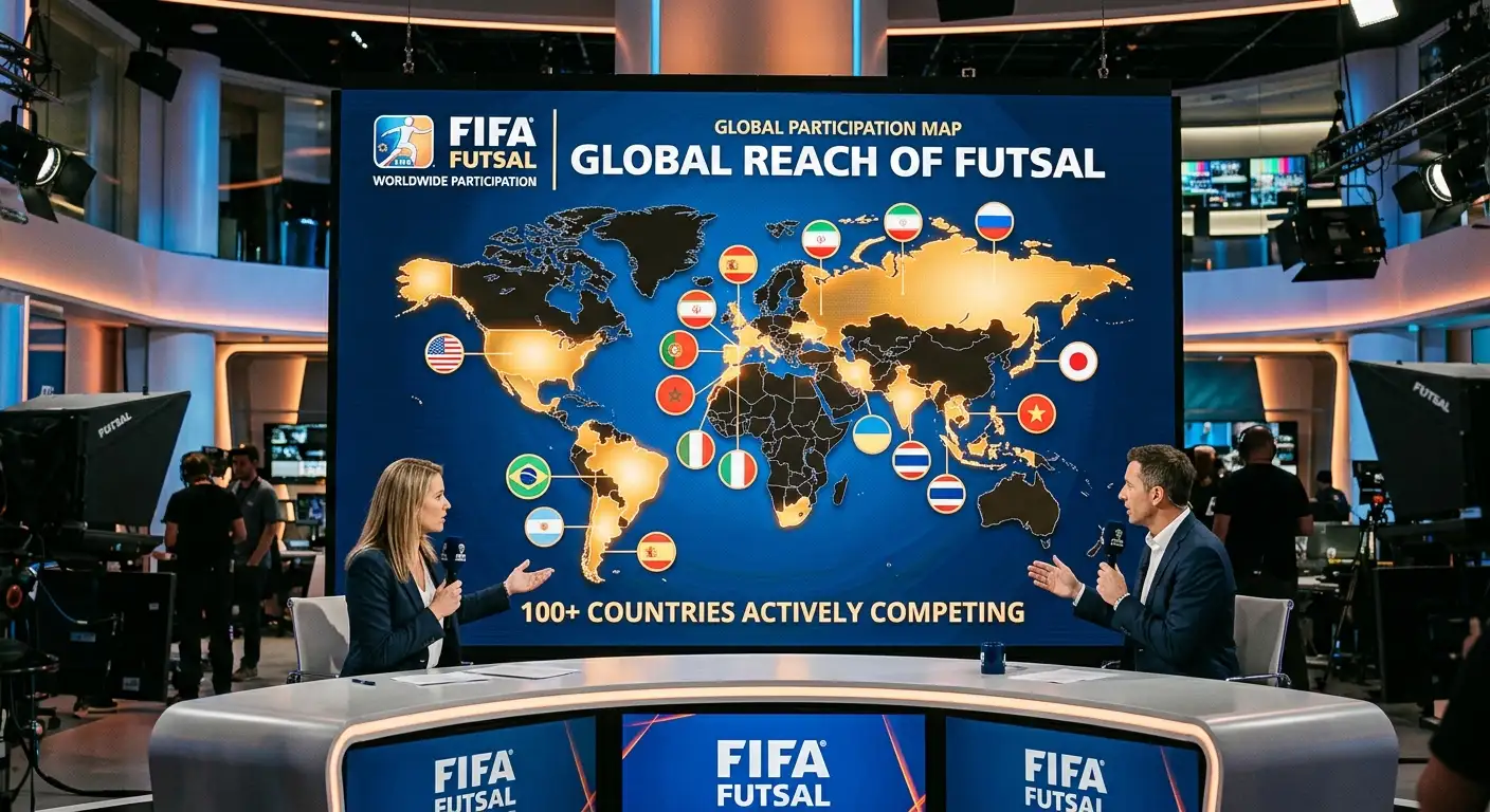 Mapa mundial con banderas de países participantes en competiciones de fútbol sala FIFA