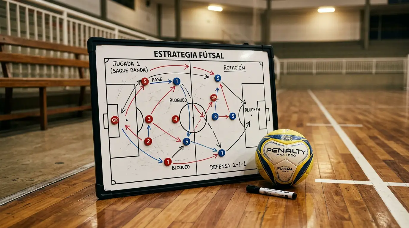 Estrategias de apuestas en fútbol sala con pizarra táctica y balón de futsal