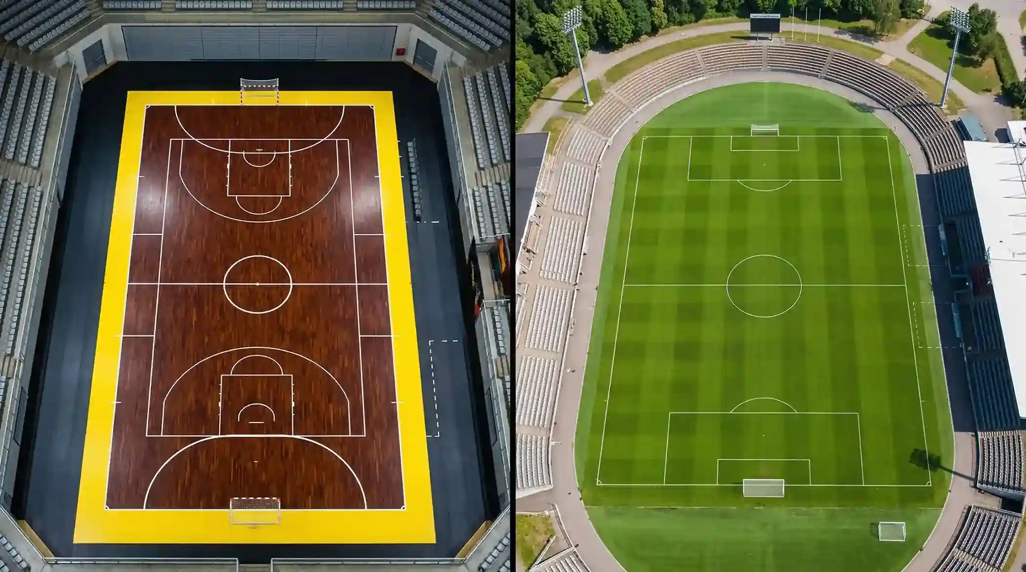 Pista de fútbol sala junto a un campo de fútbol mostrando la diferencia de tamaño