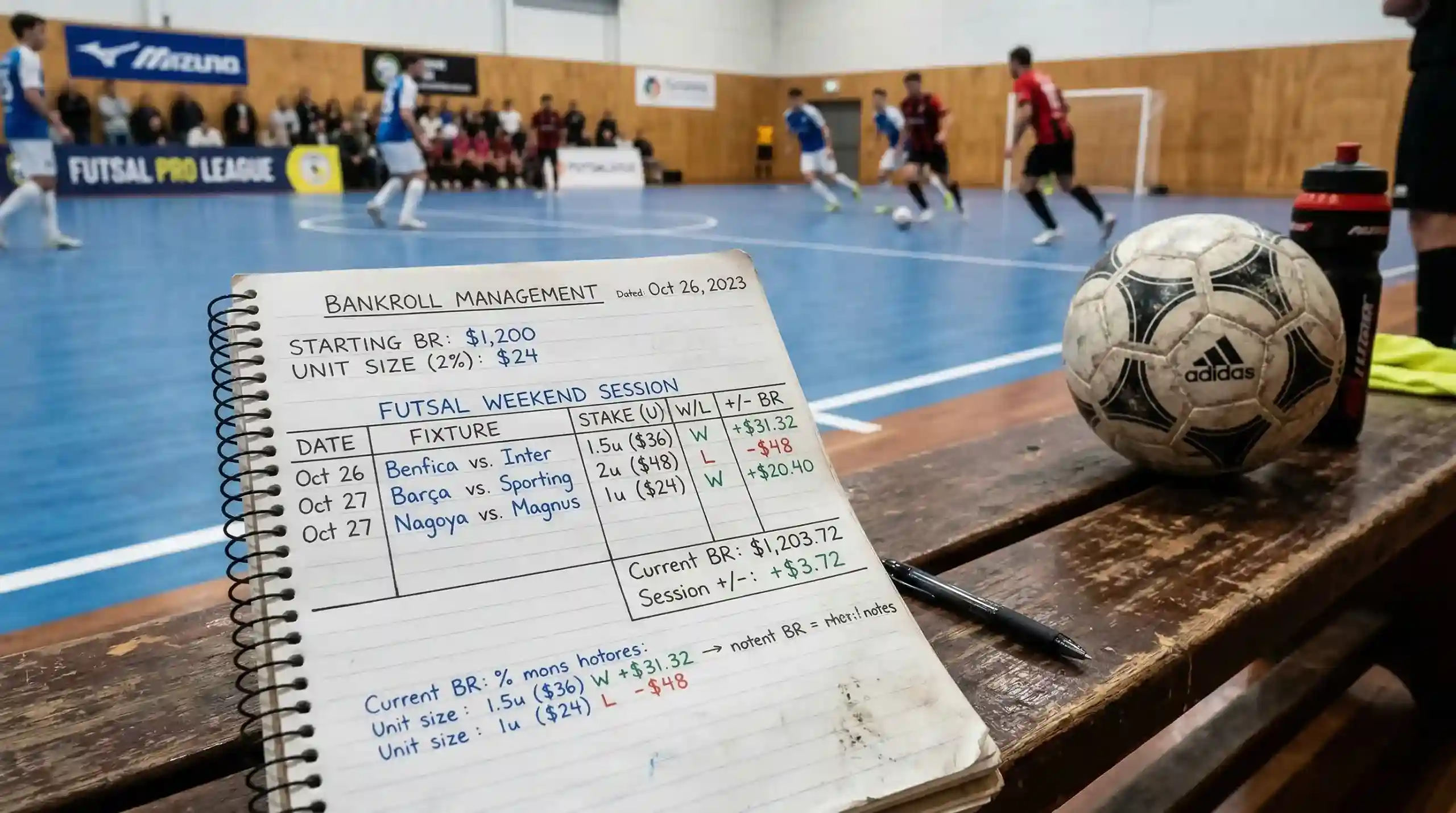 Libreta con anotaciones de gestión de bankroll junto a una pista de fútbol sala