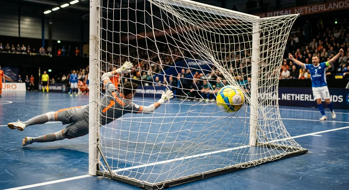 Balón de fútbol sala entrando en la portería durante un partido de la LNFS