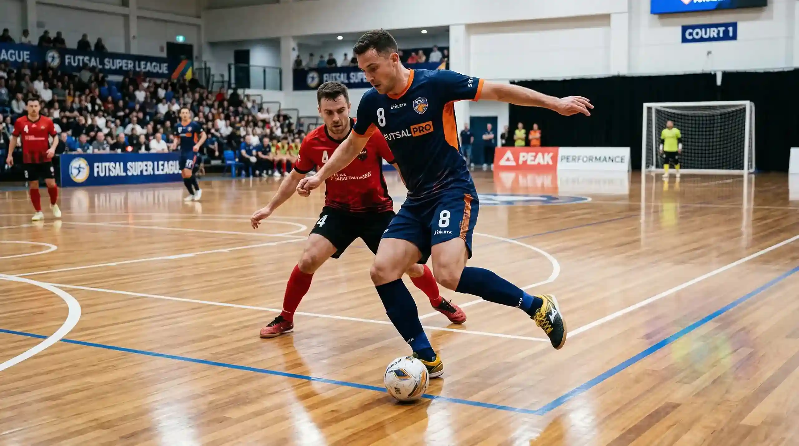 Jugador de fútbol sala driblando en una pista cubierta con líneas de marcación
