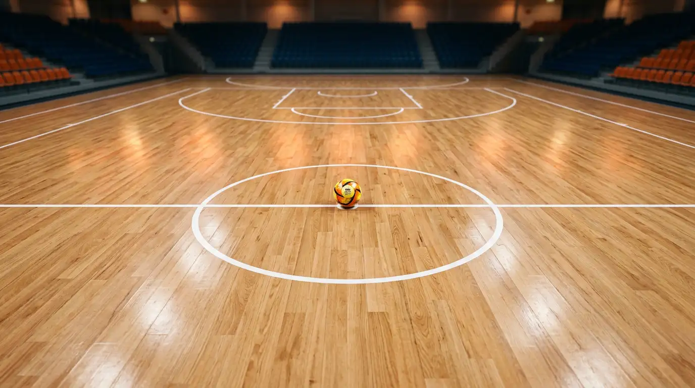 Pista de futbol sala con lineas de la cancha y balon en el centro