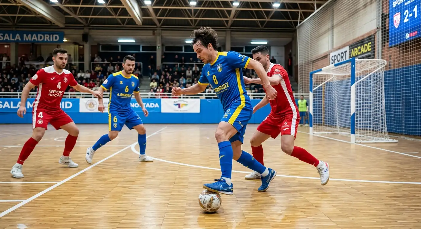 Jugadores de futbol sala disputando un balon en pista cubierta con lineas reglamentarias