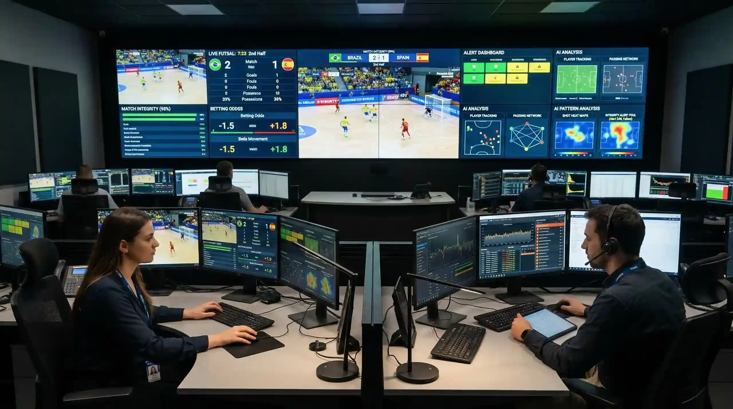 Pantalla de monitorización de integridad deportiva con alertas de partidos de fútbol sala