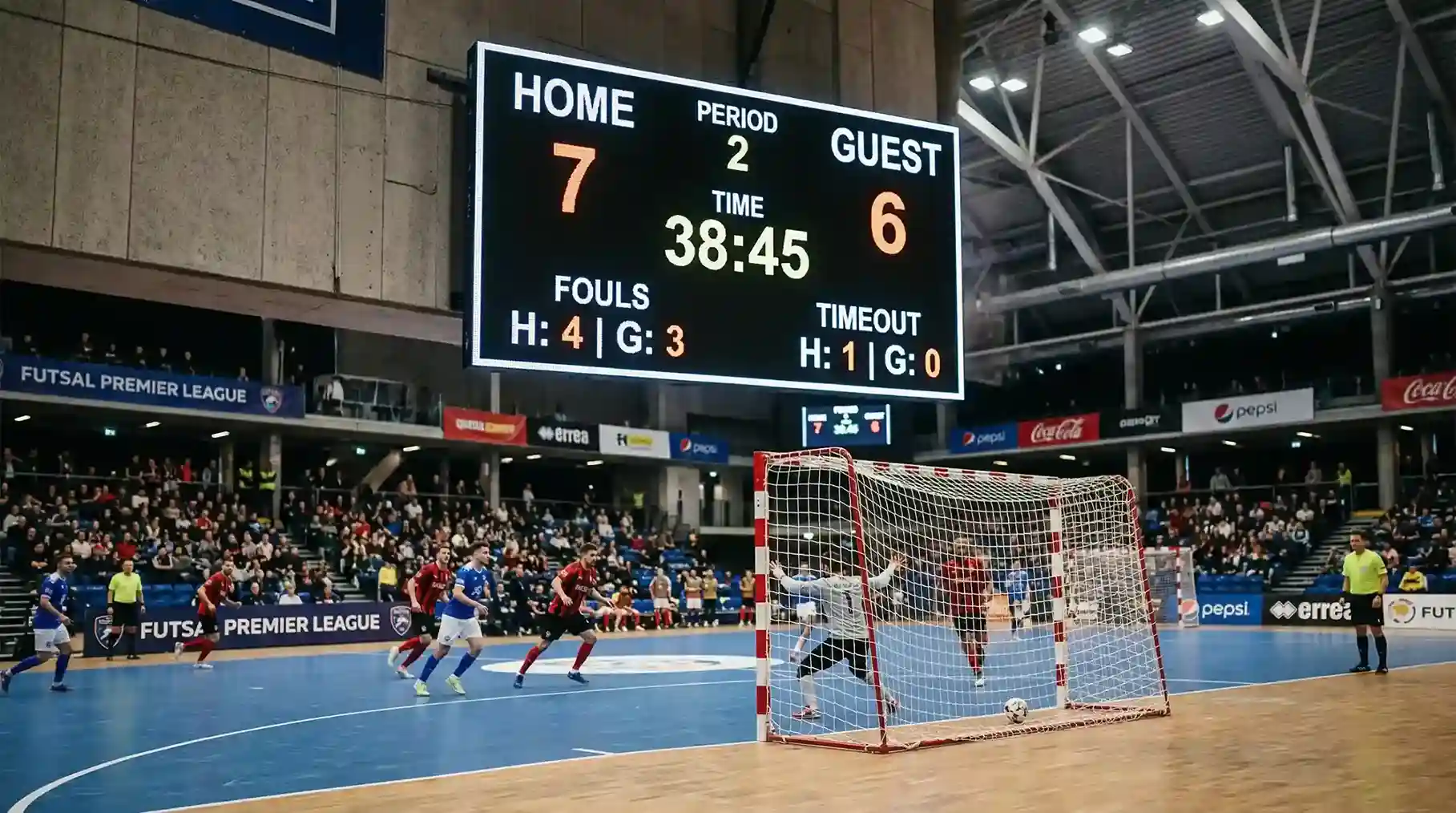 Marcador de un partido de fútbol sala mostrando un resultado alto en goles
