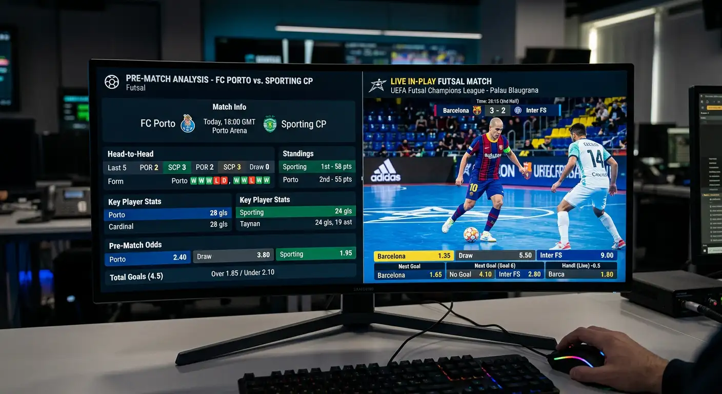 Pantalla dividida mostrando apuestas pre-match y en vivo de un partido de fútbol sala