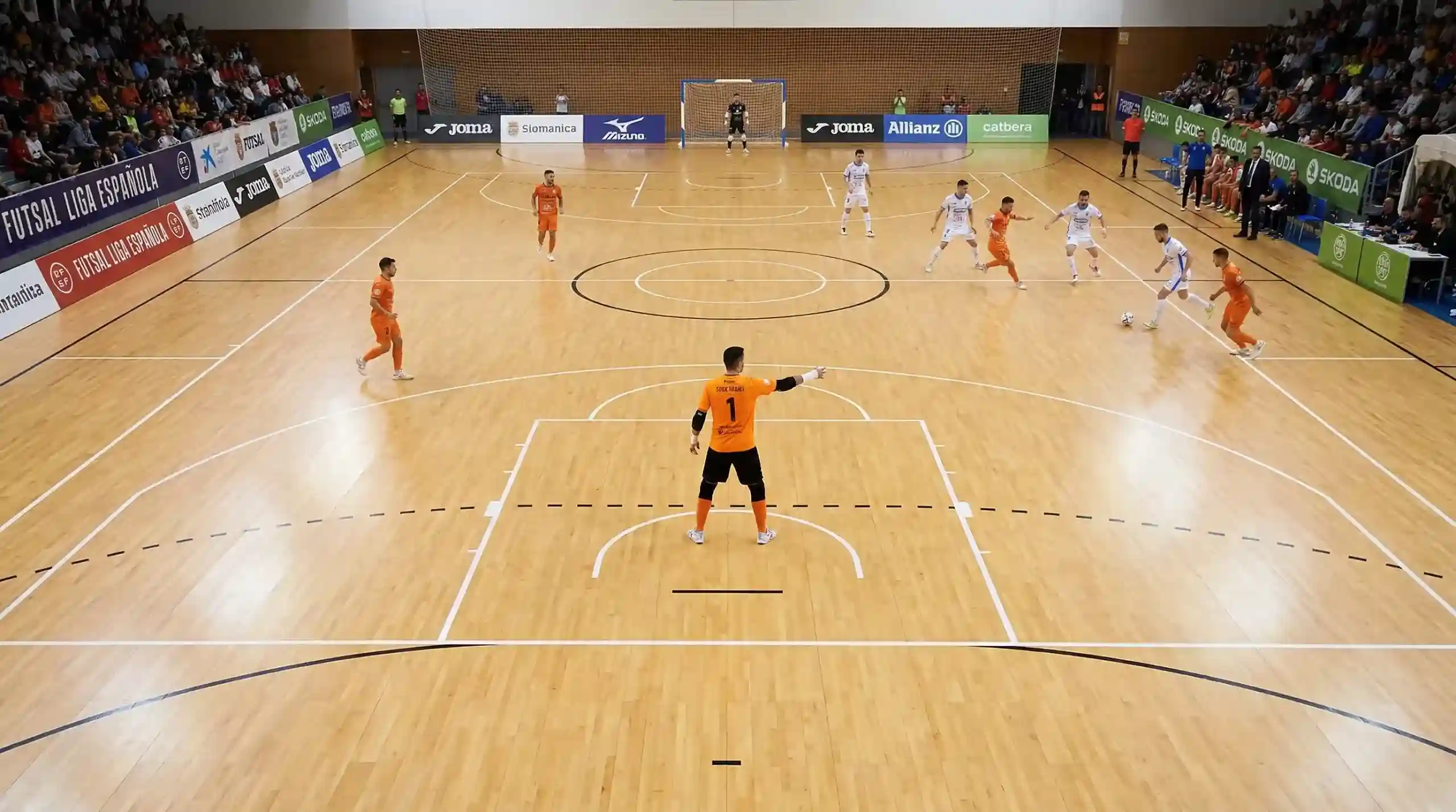Pista de fútbol sala con marcas reglamentarias y un portero-jugador en acción